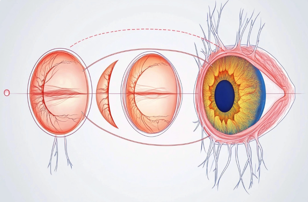 Diagram of the eye showing diabetic retinopathy progression, from mild to proliferative stages, highlighting retinal damage, abnormal blood vessels, and vision impairment caused by diabetes.