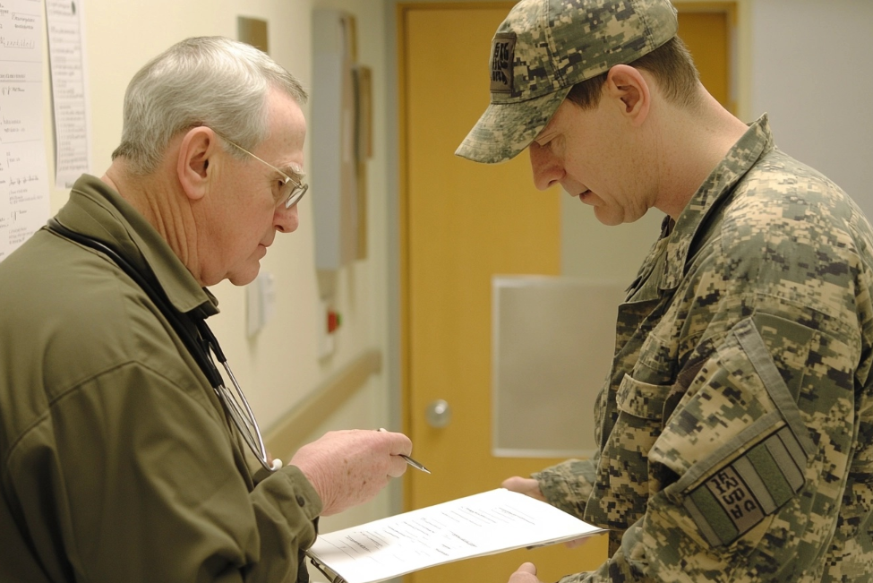 Veteran speaking with a doctor during a Compensation and Pension (C&P) exam, illustrating the VA disability evaluation process.