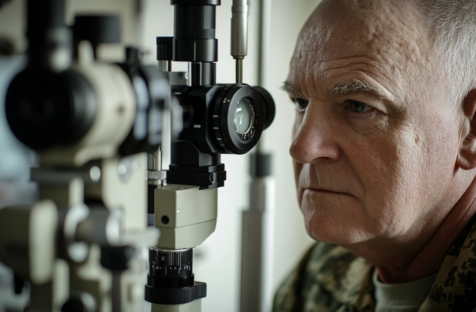 Veteran undergoing an eye exam, emphasizing the importance of regular vision checkups for detecting eye diseases like diabetic retinopathy and glaucoma