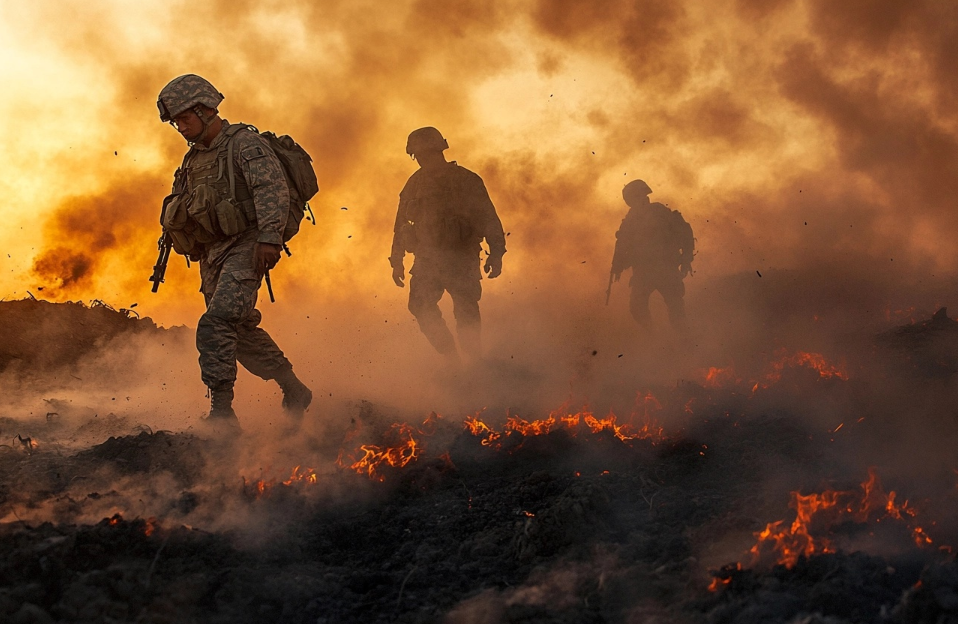 Veteran in military gear amid smoke and dust, symbolizing exposure to environmental hazards like burn pits and toxins during service. 