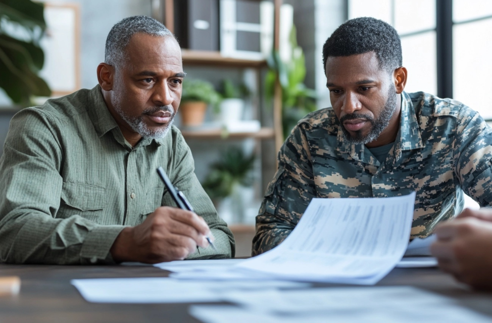 VA Form 21-526EZ being filled out, representing the process of filing a VA disability claim. 