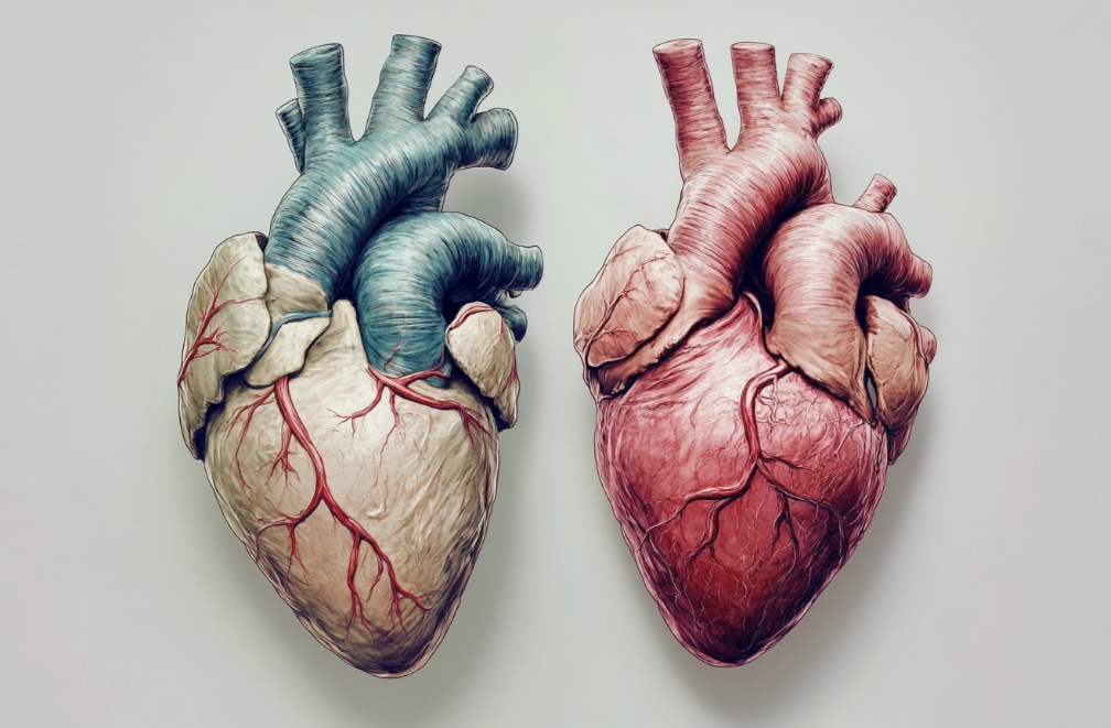 Medical illustration comparing ischemic heart disease (blocked arteries) vs. non-ischemic heart conditions. 