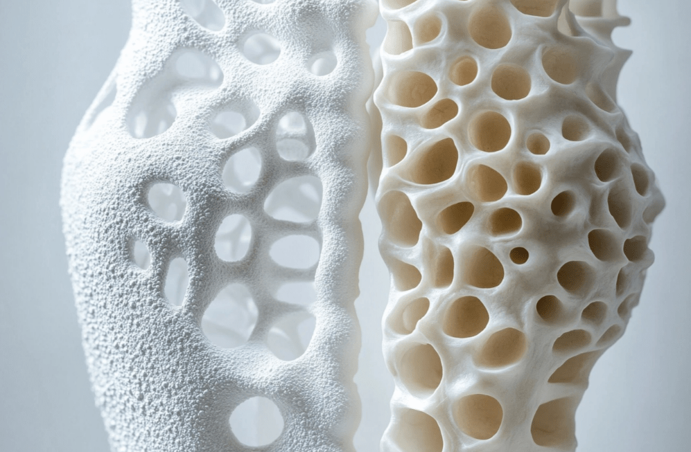 Illustration of osteoporosis-affected bones, highlighting bone density loss. 