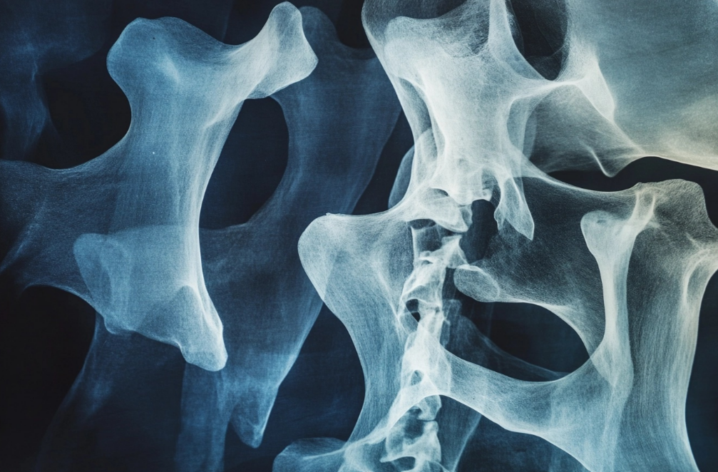 X-ray image showing osteoporotic bone damage, highlighting bone density loss. 