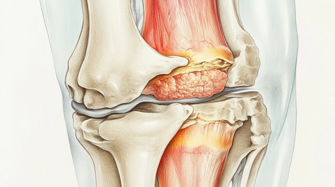 Medical illustration of knee joint inflammation, depicting cartilage degeneration and bone deterioration, commonly seen in conditions like medial tibial stress syndrome (MTSS) and arthritis. 