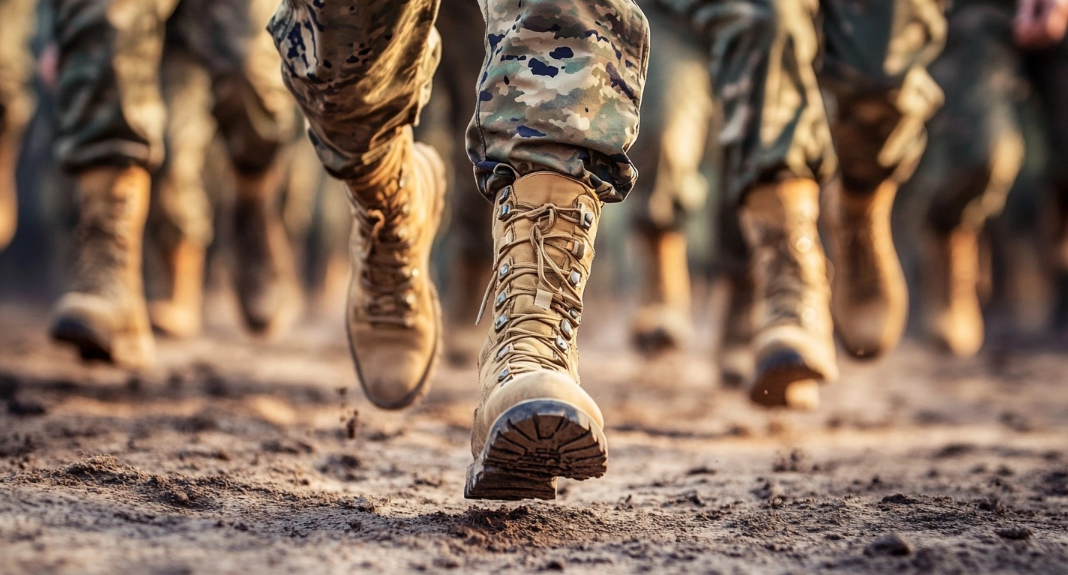 Military soldiers marching in combat boots on rugged terrain, highlighting the physical strain that contributes to shin splints (medial tibial stress syndrome) in veterans.