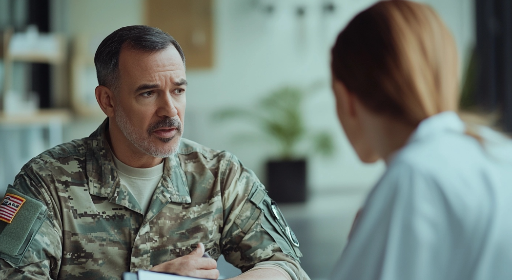 Veteran in military uniform discussing shin splints with a doctor, seeking VA disability rating for service-related leg pain and injuries. 