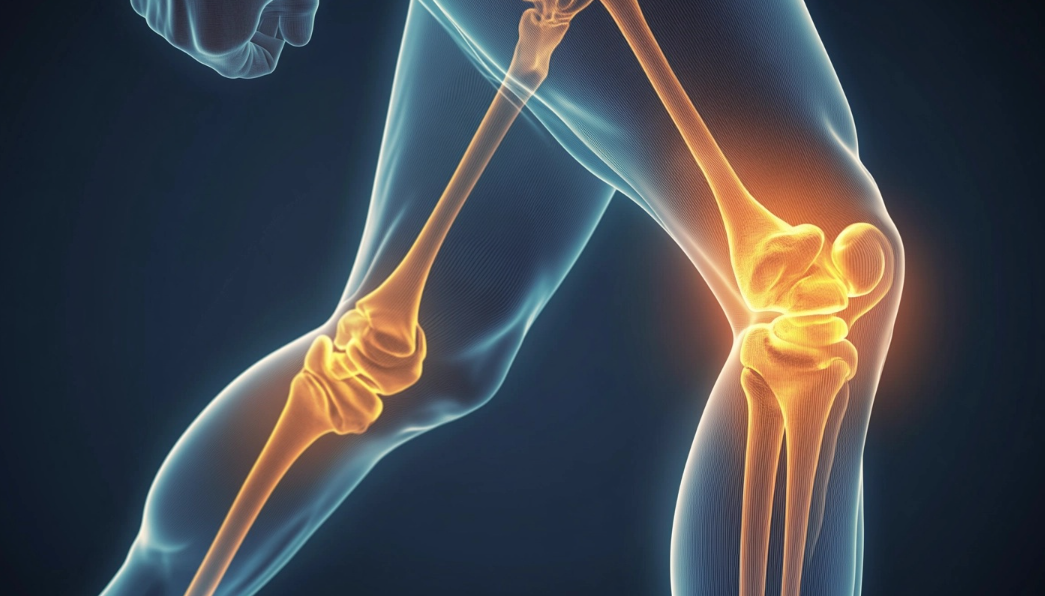 3D medical illustration of shin splints, highlighting lower leg bone stress and inflammation. 