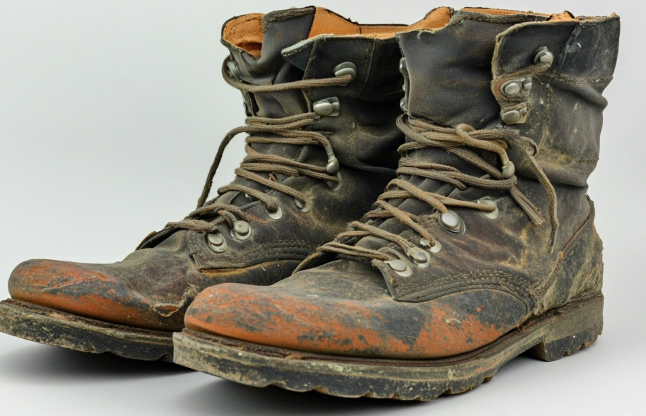 Worn military boots symbolizing the increase in training intensity that linked to shin splints.