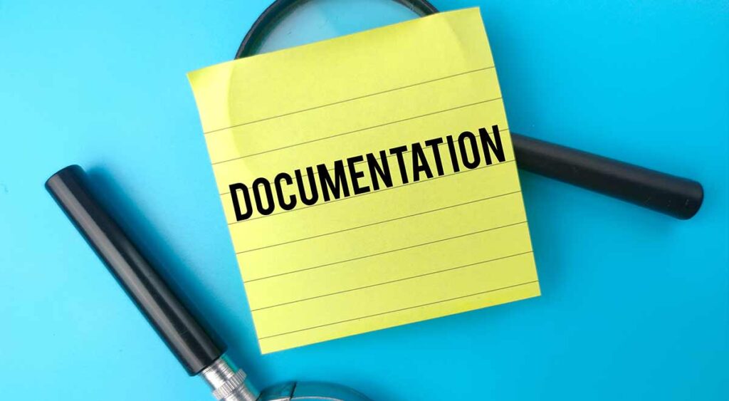 A sticky note labeled "DOCUMENTATION" is a simple reminder — having the right paperwork is essential for a successful VA claim.